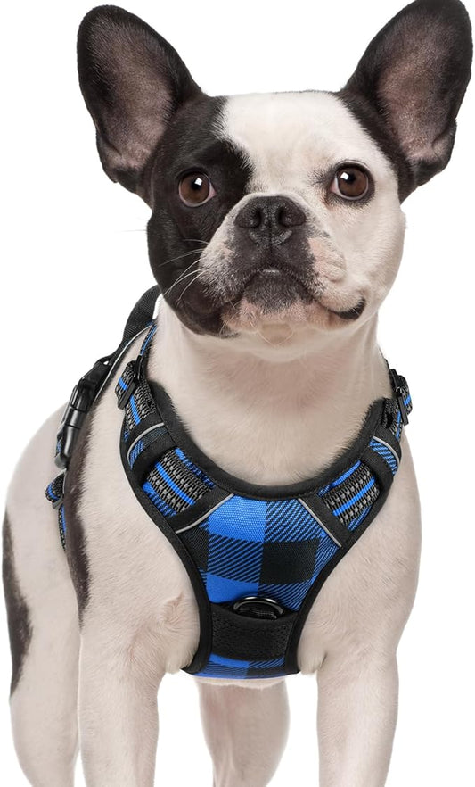 rabbitgoo Dog Harness No-Pull, Comfortable Padded Plaid Harness with Handle Easy Control, Adjustable Reflective Pet Vest with 2 Leash Clips for Small Dog, Blue Plaid, S