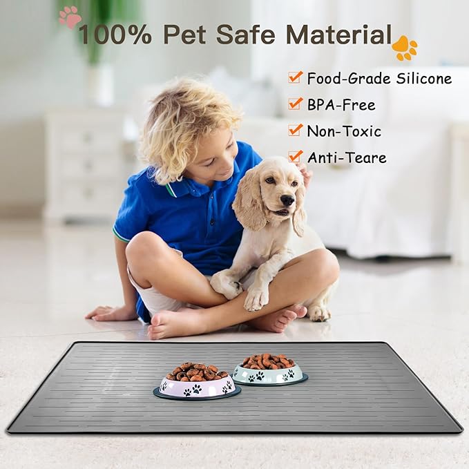 Largest Dog Food Mat, 39.5"x29.5" Silicone Dog and Cat Mat for Food and Water Bowls, Thinken Waterproof Non-Slip XXXL Pet Feeding Mat for Floors (Light Gray)