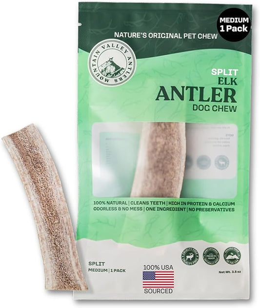 Mountain Valley Elk Antlers for Dogs - 100% Natural & Organic Chew for Aggressive Chewers, No Odor, No Mess, Long Lasting - Wild-Foraged Naturally Shed Antlers in USA - Grade A, Split Medium (1 Pack)