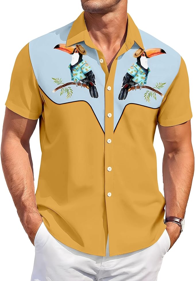 Men’s Hawaiian Shirt Western Cowboy Symmetrical Print Short Sleeve Button Down Casual Beach Holiday Summer Shirt