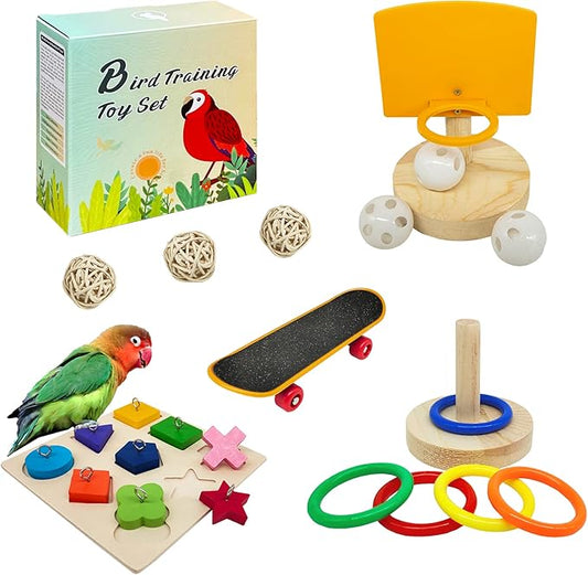 Bird Toys for Parakeets,5pcs Parrot Toys Set (Include Basketball Hop,Skateboard,Stacking,Parrot Wooden Block Puzzles,Small Sepak Takraw) Parakeet Toys for Bird Training Toys