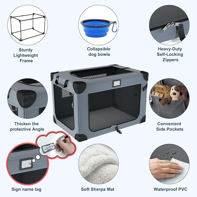 30 Inch Soft Dog Crates, Collapsible Dog Travel Crate for Medium Dogs Indoor & Outdoor, 3-Door Foldable Pet Kennel with Mesh Windows, Soft Blanket and Foldable Bowl