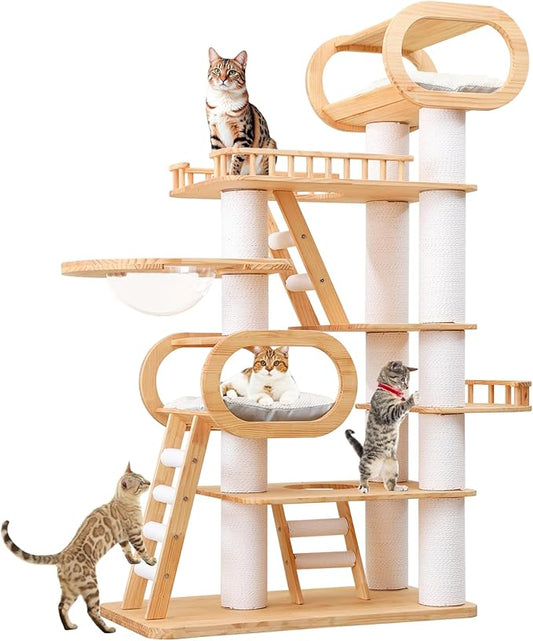 77‘’ Modern Cat Tree, Tall Wood Cat Tower for Indoor Cats Large Adult, Heavy Duty Cat Tree with Scratching Post, Luxury Kitty Condo, Sturdy Cat Furniture with 1 Transparent Bed and 3 Climb Labber