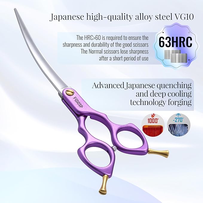 Professional Curved Dog Grooming Scissors with Sharper Self Grinding lightweight and finely trimmed split structure 6.5'' Japan VG10 63HRC for small dogs cat pet(Purple)