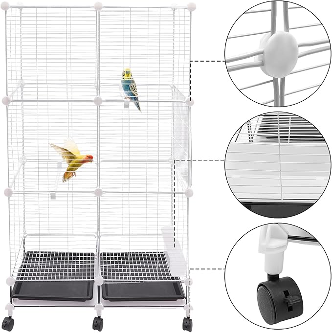 49"H Wrought Iron Bird Cage Large Parrot Cage, 3-Tier Movable BirdCage Parakeet Cage w/Wheels, 360° View Spacious Interactive Bird House Pet Bird Flight Cage for Medium&Small Birds(Iron Mesh)