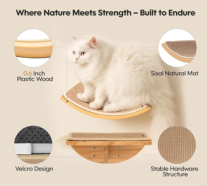 Cat Wall Shelves with Sisal Pads, 4-Piece Wooden Cats Furniture Set with Cat Window Perch, Flat Shelf & Sisal-Clad Steps for Climbing and Scratching