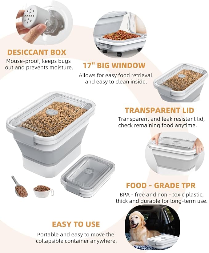 10-13 Lbs Dog Food Storage Container,Collapsible Dog Food Container with Transparent Airtight Lid,Pet Food Scoop and Dog Bowl,Multifunctional Food Storage Container for Pet Food,Rice,Flour