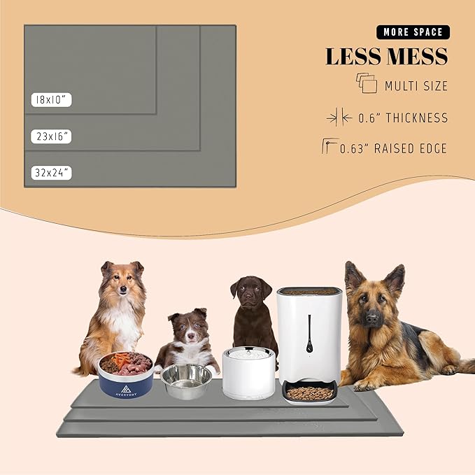 AVERYDAY 18x10'' Silicone Dog Mat for Food and Water, 0.63'' Edge Dog Food Bowl Mats for Floor Waterproof, Dogs Water Mat for Sloppy Drinker, Non Slip Rubber Pet Feeding Mats for Indoor Dogs and Cats