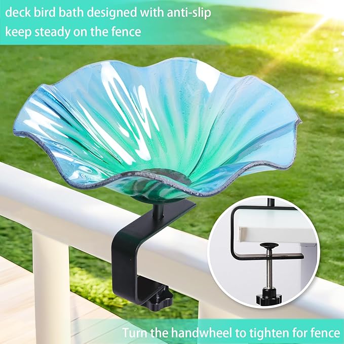 MUMTOP Deck Mounted Bird Baths for Outdoors, Glass Bird Baths Bowl with Adjustable Sturdy Steel Fence Clamp for Garden Patio Lawn Yard Deck Balcony Railing, Blue