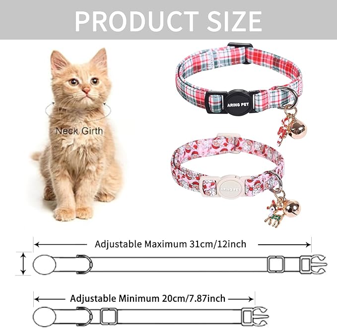 ARING PET 2 Pack Cat Collar, Christmas Breakaway Kitten Small Collars with Bells for Girl Boy Cats-Red Green Pink Plaid & Santa Claus