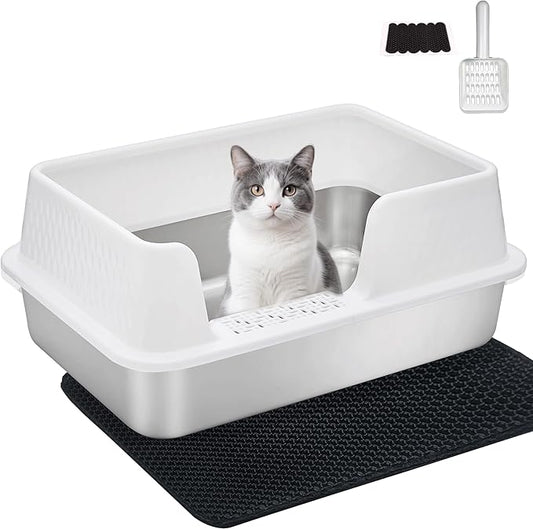 Medium Low Entry Enclosed Stainless Steel Cat Litter Box with lid Scoop and Pads Easy Clean Kitten Kitty White Metal Litter Box