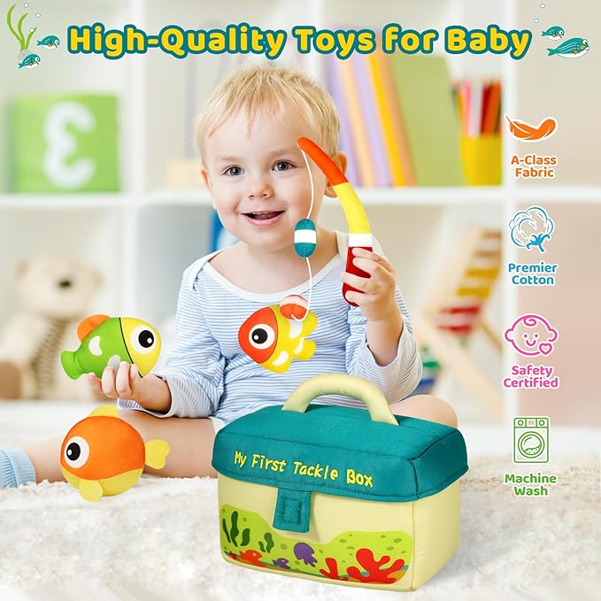 KMUYSL Baby Toys 6-24 Months, My First Tackle Box Plush Toys -4 Pcs Sensory Playset Soft Toys with Squeaker Crinkle for 6-24 Months Newborn Infant, Birthday for Boys Girls
