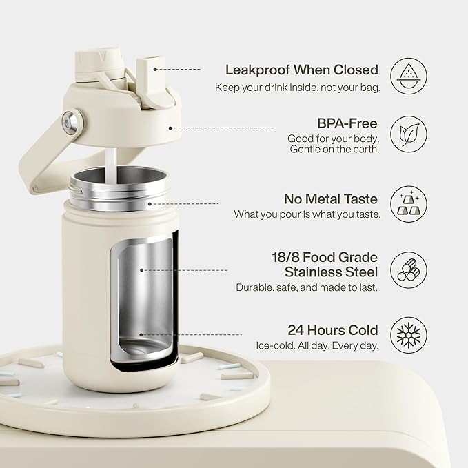 Kids Insualated Water Bottle with Straw - 12oz Stainless Steel Water Bottle with Dual Spouts, Leak-Proof, BPA-Free, Double Wall Vacuum Keeps Cold for 24 Hours for Sports, Travel, School (Cream Moon)