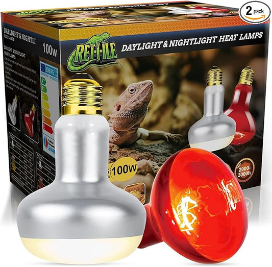 100W Reptile Heat Lamp Bulb, Day & Night Basking Spot Light Combo Pack Includes Infrared Heat Lamp and UVA Daylight Heating Lamp Basking Light for Lizards, Turtles, Chicken，Bearded Dragons