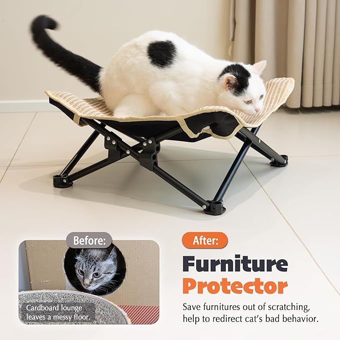 PETKARAY Foldable Sisal Cat Scratcher Bed, Sisal Scratching Pad with Raised Metal Frame, Elevated Cat Hammock Chair for Indoor Cats