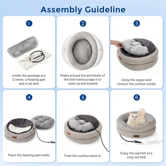 Heated Cat Bed Indoor - Adiustable Temperature Pet Heating Bed with Timer and Chew Resistant Cord, Washable Puppy Bed with Non-Slip Bottom, 21" x 21" x 8", Blue