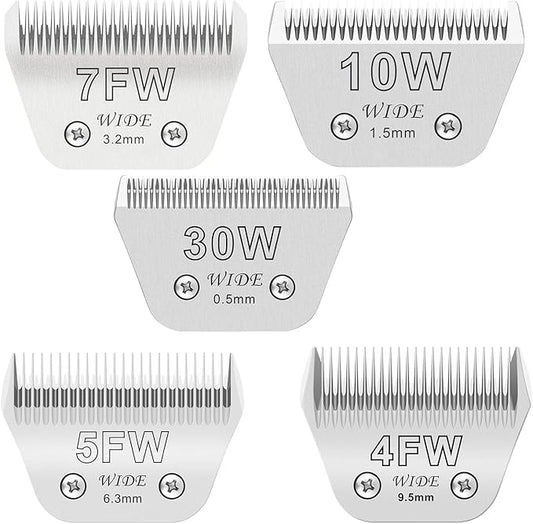 5PCS Wide Blades for Dog Grooming Blades Compatible with Andis Dog Clippers,Size #10W+30W+4FW+5FW+7FW Dog Clipper Blades Compatible with Oster A5,Wahl km10 Dog Clippers,Stainless-Steel Blade Sharp