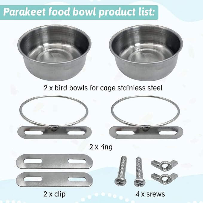 PINVNBY 2PCS Stainless Steel Bird Bowl Parrot Food Water Bowls with Clamp Holder Bird Feeder Dish Cups Crate Bowls for Cockatiel Pigeons Conure Budgies African Greys (Double Screws Size: L)