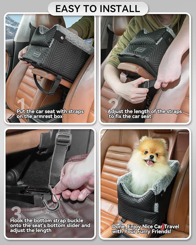 PETSFIT Center Console Dog Car Seat with Safe Protection Hooks, Pet Car Seat with Upgraded Safety Tethers, Washable Cushion, Console Dog Car Seats for Small Dogs Up to 8 Lbs(Black)