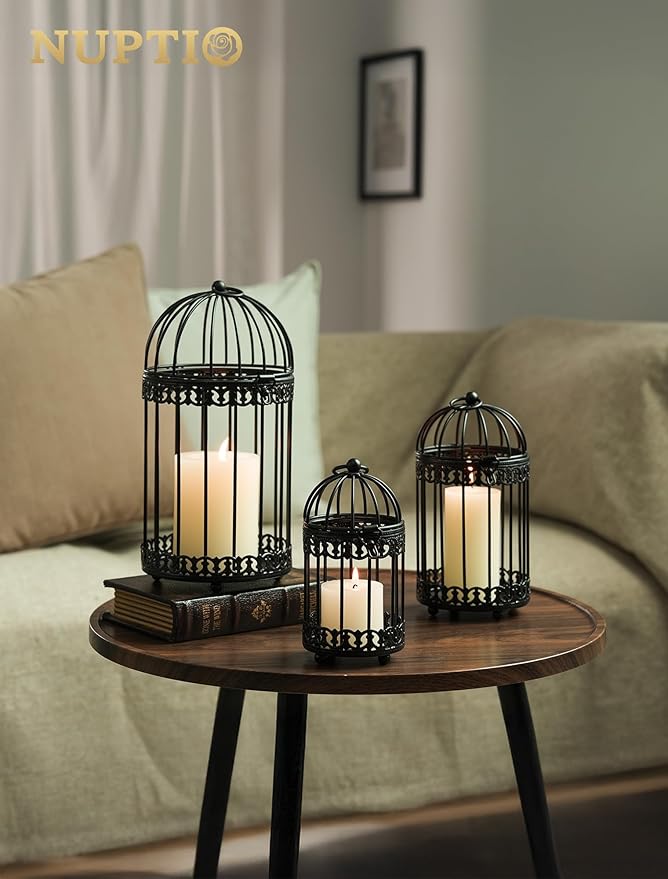 NUPTIO Black Decorative Bird Cage: Birdcage Hanging Lantern for Pillar Candles - Vintage Bird Cages Candle Holders for Halloween Christmas Table Centerpiece 7.7 Inch H