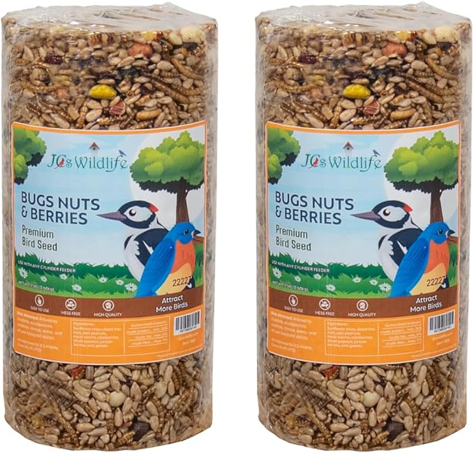 JCs Wildlife Bugs, Nuts and Berries Premium Bird Seed Small Cylinder, 1.5 lb (2 Cylinder)