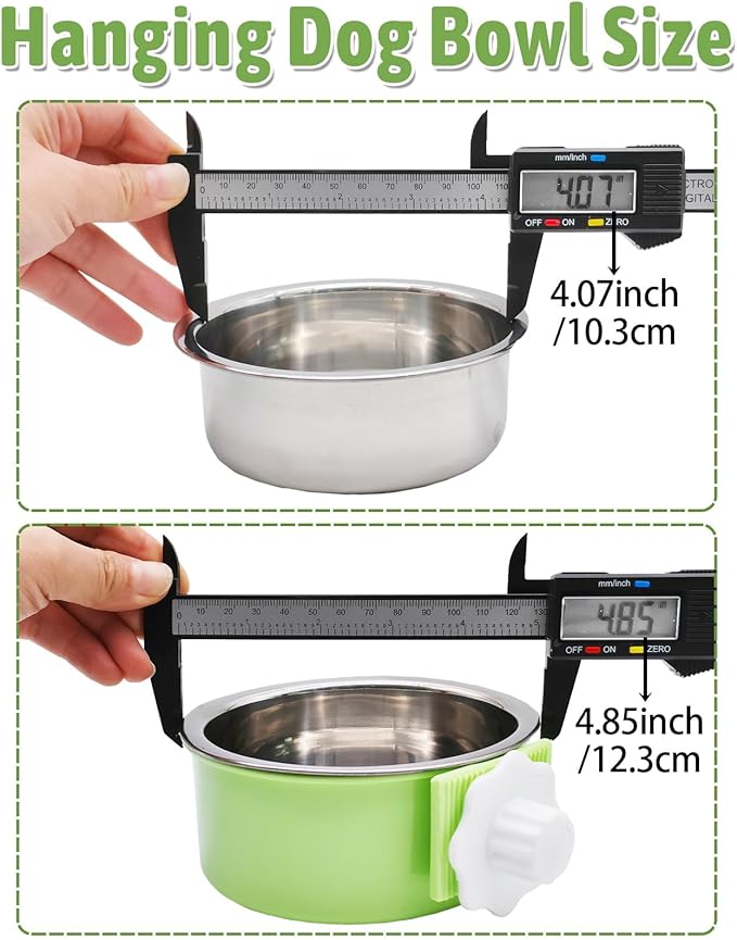 kathson Crate Dog Bowl, Removable Stainless Steel Hanging Pet Kennel Cage Bowl Food & Water Feeder Coop Cup for Puppy, Cat, Rabbit,Guinea Pigs 2pcs (Blue,Green)