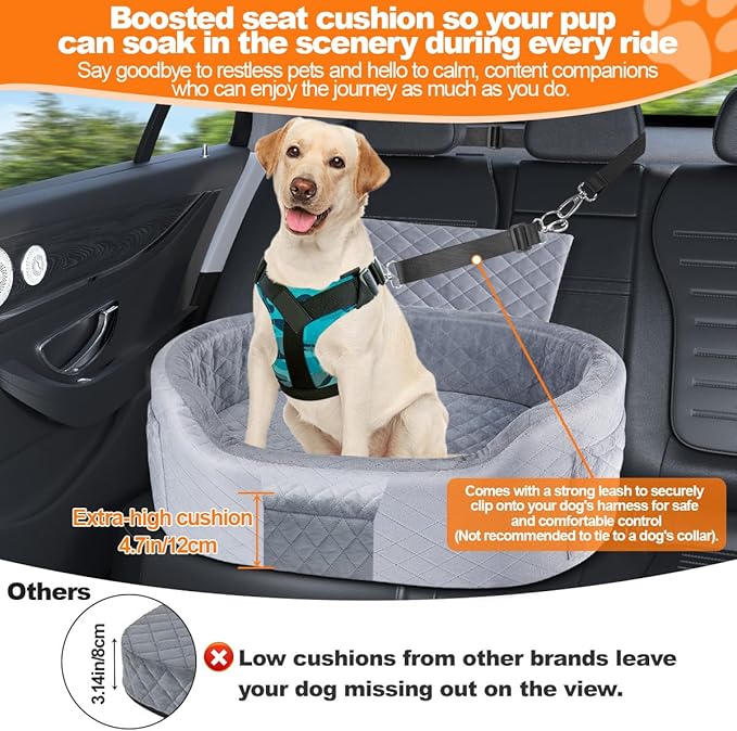 Dog Car Seat for Medium Large Dogs Up to 25.59", 28D High-Density Memory Foam with Waterproof Cover, Pet Travel Bed with Storage Pockets, Blanket, Dog Safety Belt, Grey