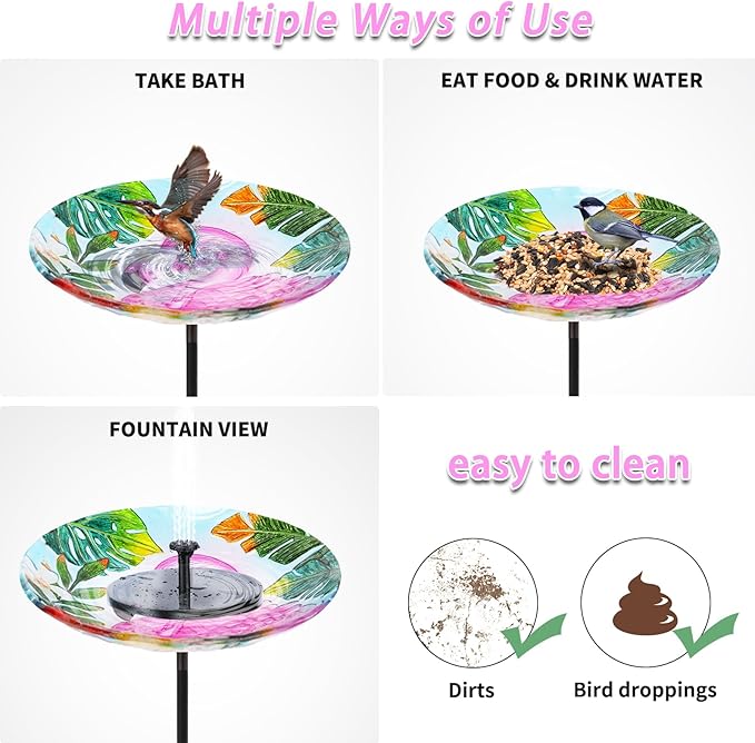 MUMTOP Bird Baths for Outdoors, Glass Bird Bath Stake, Flamingo Birdbaths & Support, Bee Baths for Garden, Outside, Lawn, Outdoor Decor