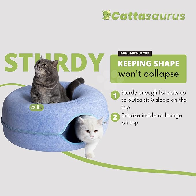 CATTASAURUS Peekaboo Cat Cave for Multiple & Large Cats Up to 30-45 Lbs, Scratch Detachable & Washable Tunnel Bed, Comfy Donut Cat Cave (Blue, Large)