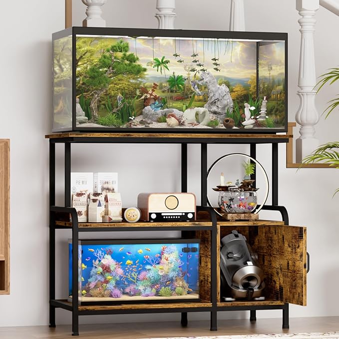 40-50 Gallon Fish Tank Stand，750 lbs Capacity Aquarium Stand，Heavy-Duty 3-Level Reptile Stand with Built-in Storage，36.8×15.7×31.5" Steel Terrarium Stand，Retro Brown