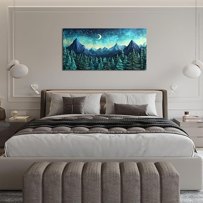 Quorin Abstract Mountain Large Wall Art Forest Moon Starry Night Sky Pictures Nature Landscape Wall Decor Canvas Print Painting Artwork for Bathroom Living Room Bedroom 30"x60"