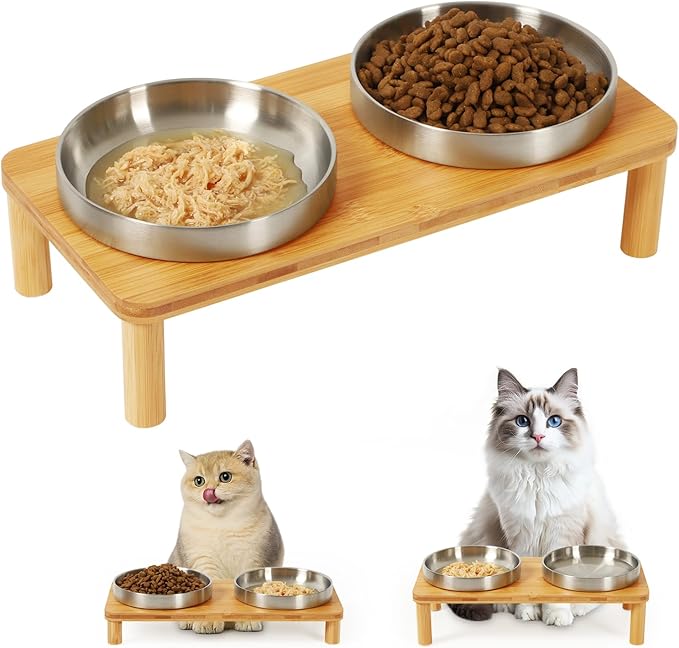 Elevated Cat Bowls for Indoor Cats – Raised Bamboo Cat Food Table with 2 Stainless Steel Dishes, Adjustable Height (4.25"/3.07"), Whisker Friendly Feeding Station