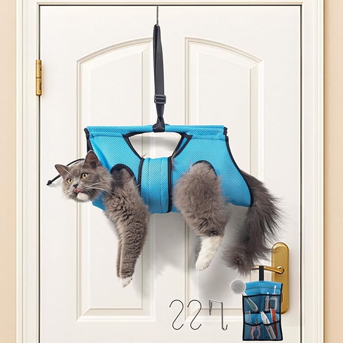 Pet Grooming Hammock for 6-11 lbs Pets - Adjustable Height, Tool Bag, 30 lb Capacity, Door-Hook Hanging, Foldable, Blue