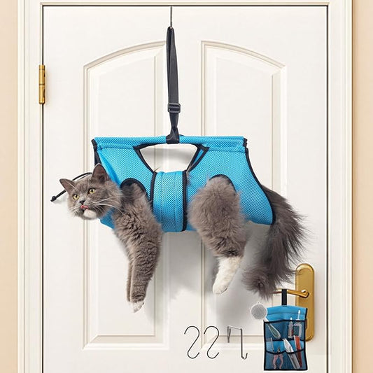 Pet Grooming Hammock for 6-11 lbs Pets - Adjustable Height, Tool Bag, 30 lb Capacity, Door-Hook Hanging, Foldable, Blue