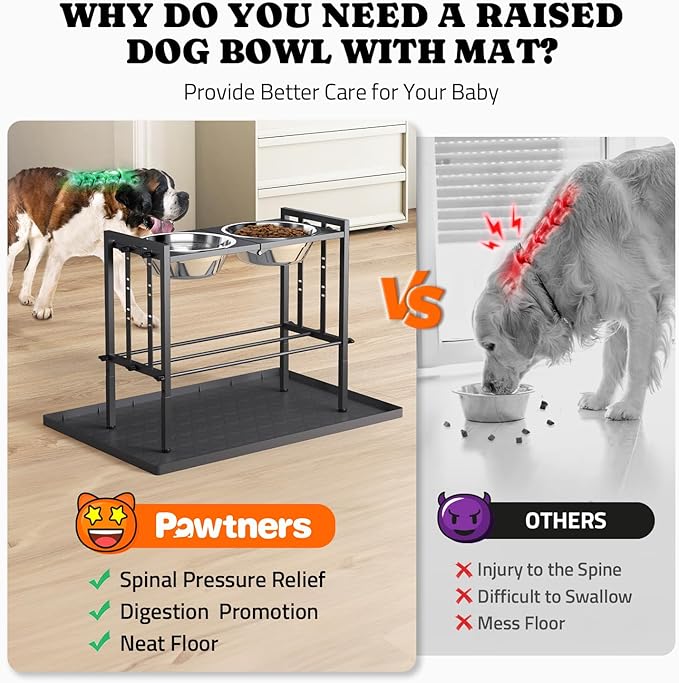Raised Metal Dog Bowls - Large Breed, 3 Heights, Sturdy Stand for Extra Large Dogs, Black with Mat