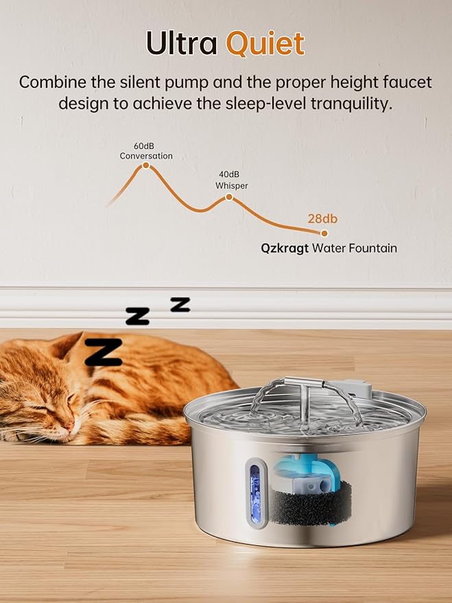 Cat Water Fountain Stainless Steel, 3.2L/108OZ Pet Water Fountain for Drinking,Automatic Metal Dog Water Fountain with 8 Filters & 8 Sponges,Quiet Pump,Dual-Stream for Cats, Dogs,Multiple Pets Indoor