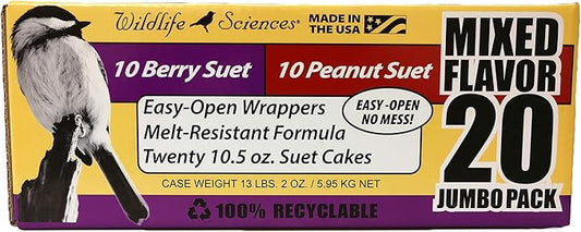 Wildlife Sciences Suet Cake Jumbo Mixed (Pack of 20) | 10 Peanut & 10 Berry 10.5 oz. Suet Cakes for Wild Birds