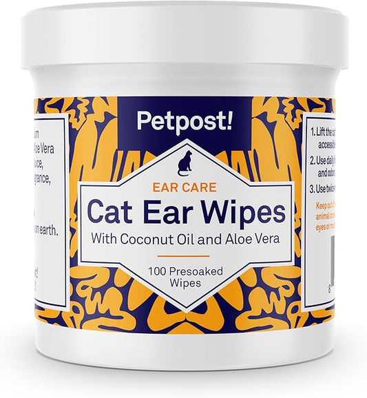 Petpost | Cat Ear Cleaner Wipes - Ultra Soft Cotton Pads in Coconut Oil Solution - Treatment for Removing Cat Ear Dirt & Wax 100 ct.