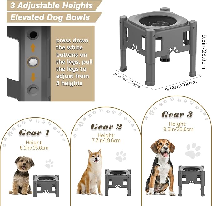 Lewondr Elevated Slow Feeder Bowls, Adjustable Dog Slow Feeder with 3 Heights (6.1", 7.7", 9.3") Non-Slip Stand for Medium Large Breed Dogs, Grey