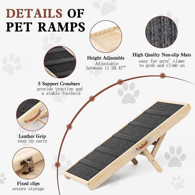 Dog Ramp for Couch, Wooden Pet Ramps 39.37" Long Adjustable 11"-20.47" Folding Puppy Ramps with High Traction Mat, Dog Stairs for Small & Medium Older Dogs & Cats, up to 150lbs