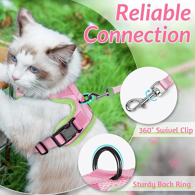 rabbitgoo Cat Harness and Leash for Walking, Escape Proof Soft Adjustable Vest Harnesses for Cats, Easy Control Breathable Reflective Strips Jacket, Green&Pink, S