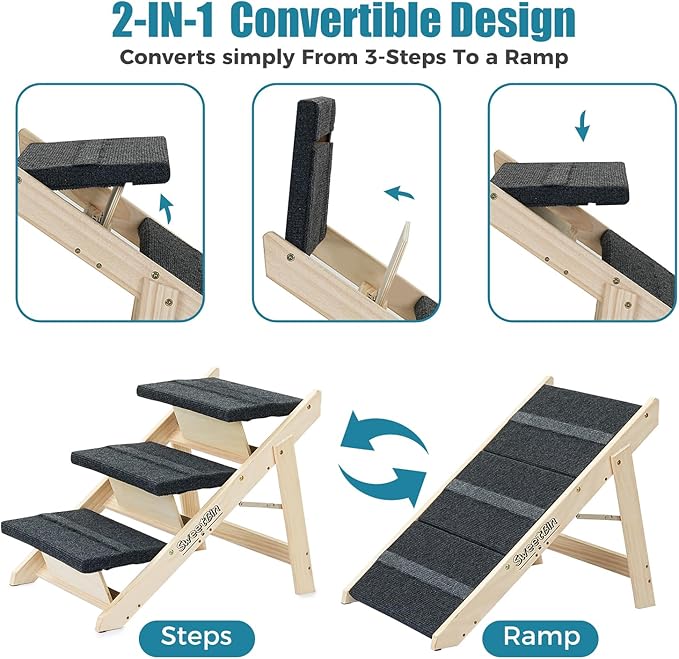 Wood Pet Stairs/Pet Steps for All Dogs and Cats - 2-in-1 Foldable Carpeted 3 Tiers Dog Stairs & Ramp Perfect for Beds and Cars - Portable Dog/Cat Ladder Up to 120 Pounds