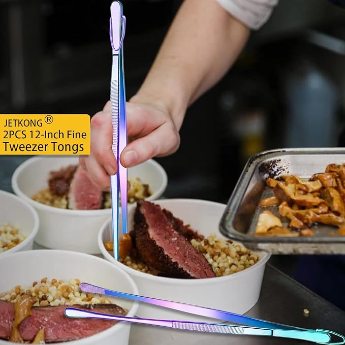 JETKONG 2 Pcs 12-Inch Culinary Tweezers Food Tweezers Kitchen Tweezer Tongs for Cooking (Rainbow)