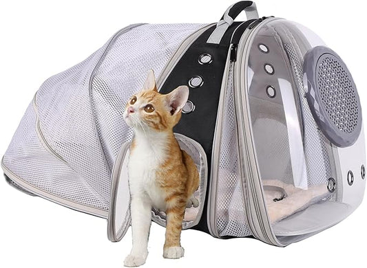 Dual Expandable Cat Backpack with Bubble Dome, Large Cat Carrier Space Capsule Clear Window, Fits up to 20 Pounds Fat Cat, Small Puppy and Bunny, Pet Travel Vet Bag
