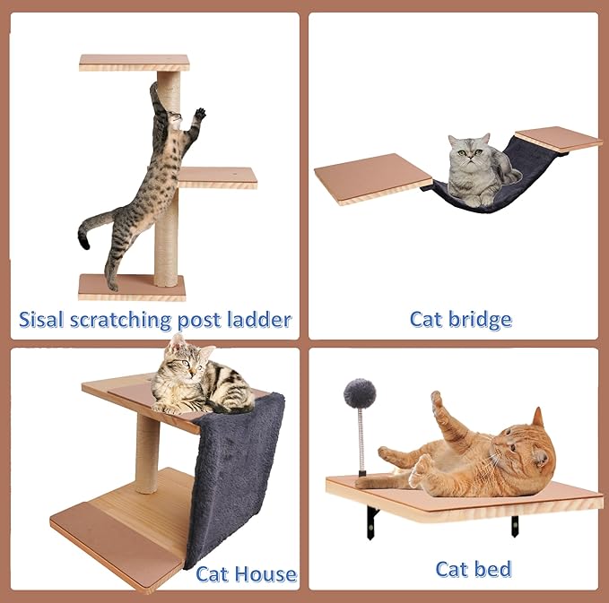 Wall Mounted Cat Climber Set, Solid Wood Cat Wall Shelves with Scratching Post,Hammock,Jumping Boards,Steps,Condo and Felt Pads, Suit for Cats Climb, Jump, Nap, Scratch-Dark