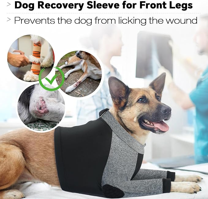 LeLePet Dog Recovery Suit for Front Legs, Dog Sleeve to Stop Licking, Elbow Protector for Leg Injuries Shoulder Wounds After Surgery Male Female,Zippered Long-Sleeved Shirt Cone Alternative(S-3XL)