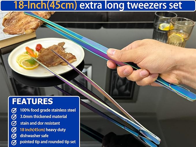 JETKONG 2 Pcs 18 Inch (45cm) Stainless Steel Grill Tongs Heavy Duty Giant Tweezer Tongs, Extra Large Tweezers Tools for Cooking, Grilling, BBQ and Turning Food (Rainbow)