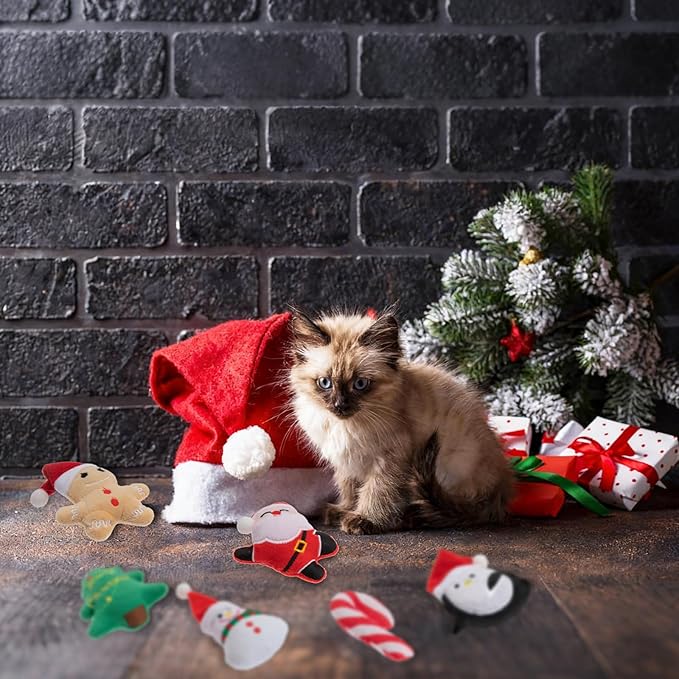 6pcs Christmas Catnip Toy，Indoor Santa Claus Snowman Tree Shaped Cat Toy Plush Interactive Chew Bite Toys for Cat Kitten Indoor Festive Holiday Cat Lover Gift
