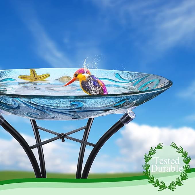 MUMTOP Glass Bird Bath, Bird Baths for Outdoors, Solar Birdfeeder with Metal Stand for Garden, Yard, Lawn Decor sea Turtle Pattern(Blue, 21.5"X18")