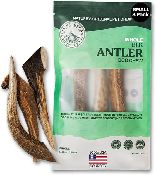 Mountain Valley Elk Antlers for Dogs - 100% Natural & Organic Chew for Aggressive Chewers, No Odor, No Mess, Long Lasting - Wild-Foraged Naturally Shed Antlers in USA - Grade A, Whole Small (3 Pack)